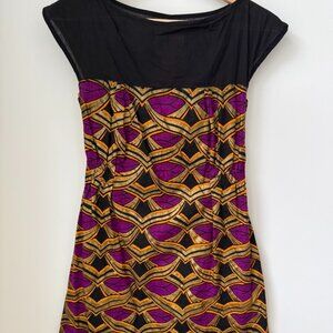 Les Enfants Sauvages Made-in-Canada Purple Geo Print Dress w/ Sheer Black Yoke
